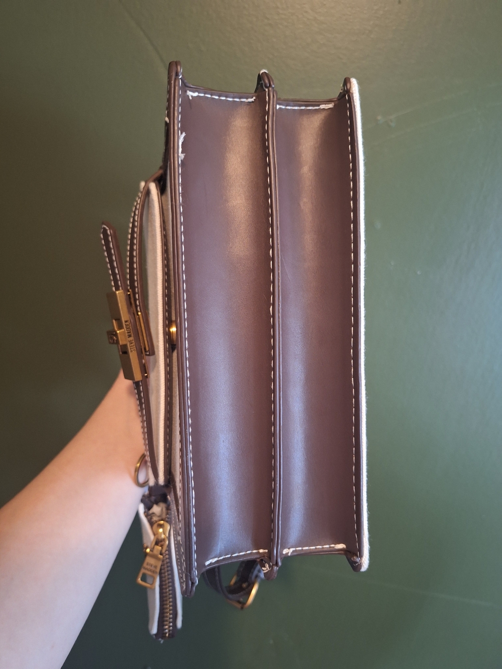 Steve Madden Beige Canvas Mini Crossbody with Brown Trim - Picture 4 of 7